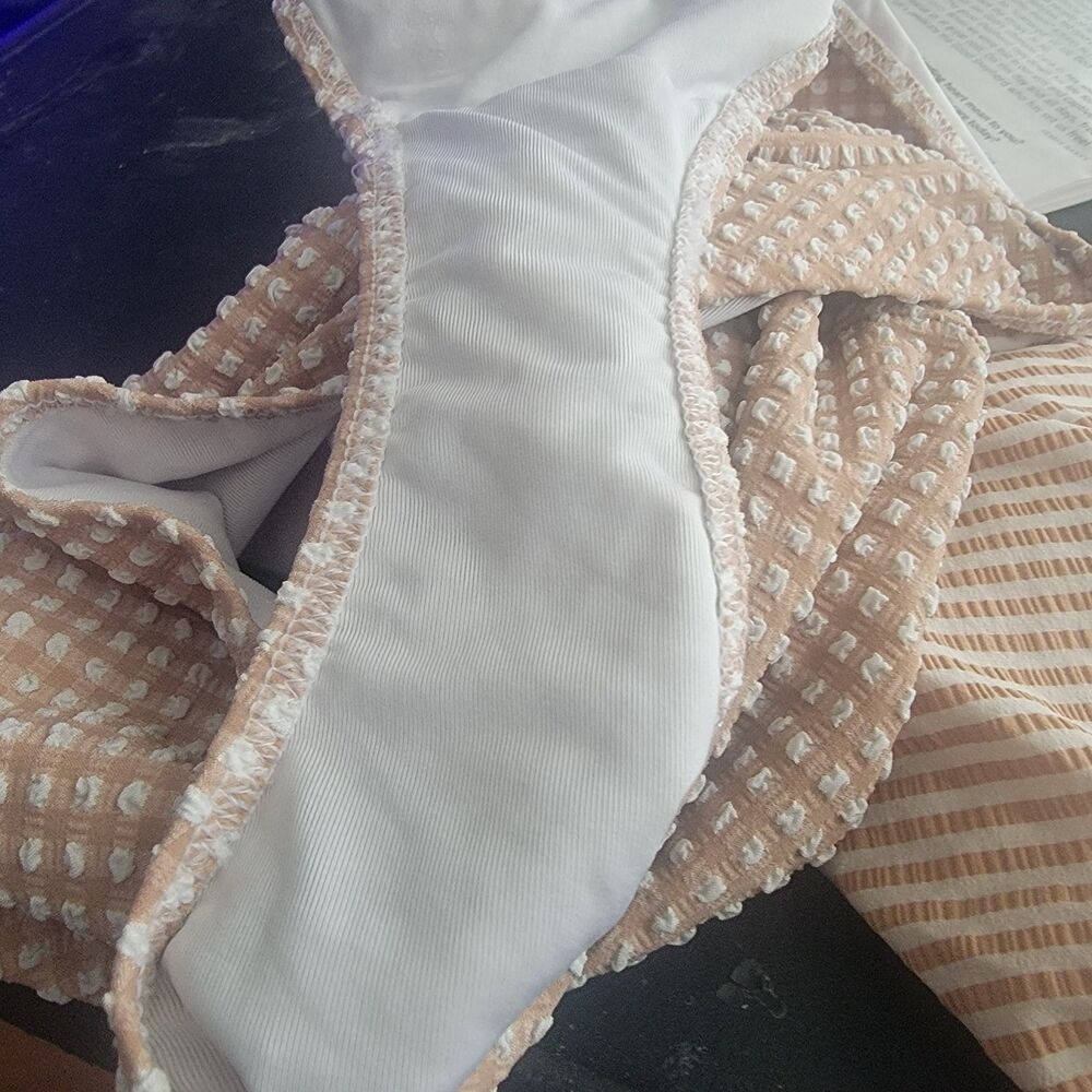 aerie gingham plaid cut out onepiece Cheeky swimsuit wht/brn sz L beach coastal - Picture 5 of 5